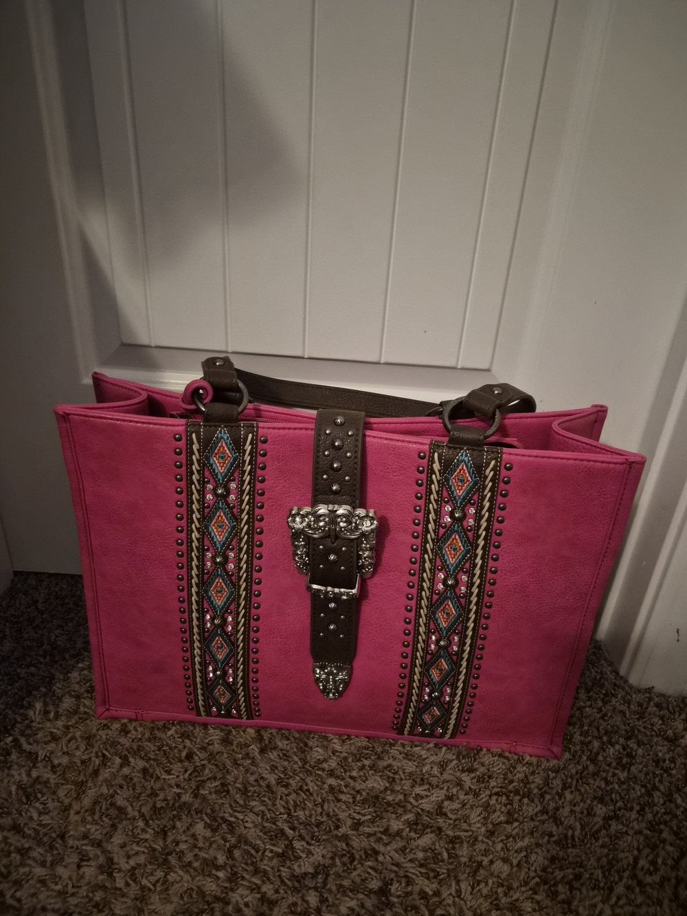 Montana West Women's Fuchsia Tote Bag with Embellished Western Buckle